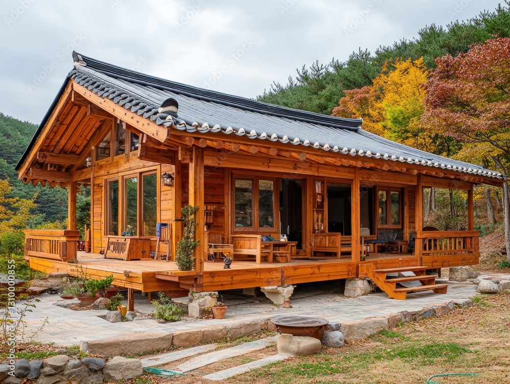 A beautiful wooden house surrounded by lovely autumn colored trees A beautiful wooden house surrounded by lovely autumn colored trees