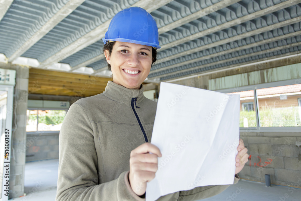 happy woman builder thinking of renovating new apartment happy woman builder thinking of renovating new apartment
