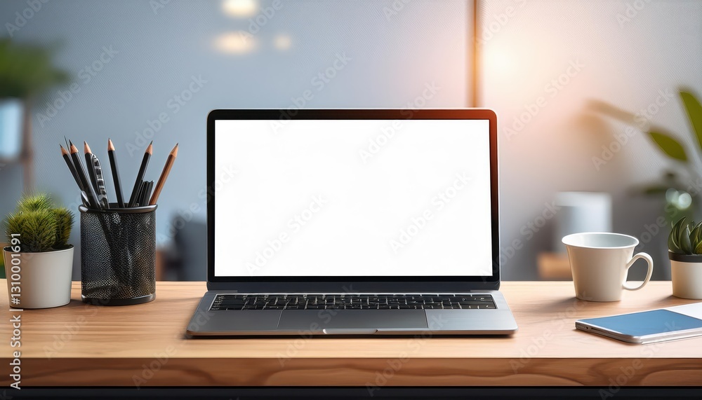 Fototapeta premium Modern Office Scene Closeup of Laptop Mockup and Stationery on Wooden Desk, Showcasing Minimalist Elegance with Warm Tones in a Contemporary Workspace.