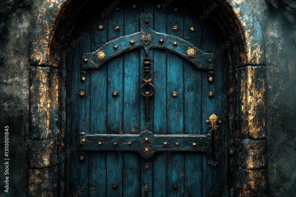 Ancient teal door, ornate metalwork, mysterious allure Ancient teal door, ornate metalwork, mysterious allure