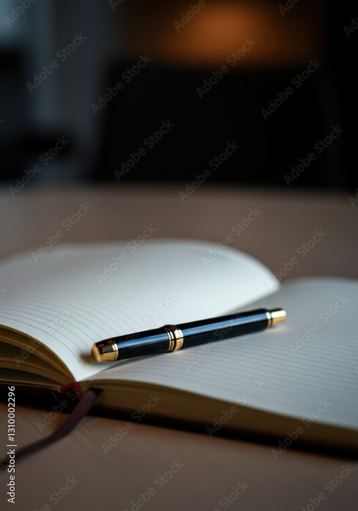 Elegant pen resting on an open notebook, symbolizing creativity and inspiration Elegant pen resting on an open notebook, symbolizing creativity and inspiration