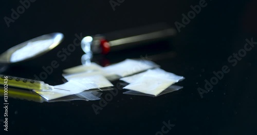 Drug paraphernalia on a black counter