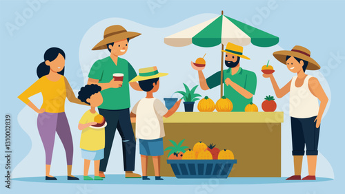 A family samples some exotic fruits at a food stand while a nearby group of friends takes turns trying on vintage hats and sunglasses.. Vector illustration