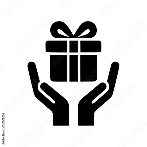 Gift present icon held by two hands in solid black for celebrations and generosity