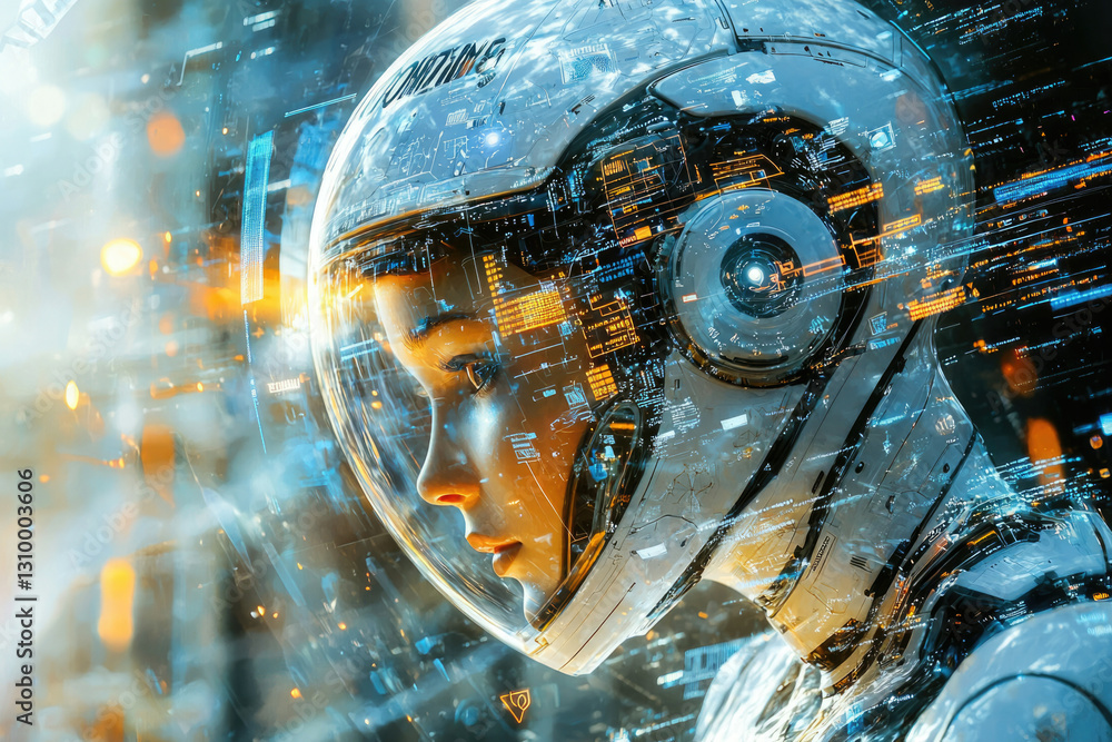 A futuristic cyborg girl's profile, enveloped in digital data streams and glowing circuitry. A futuristic cyborg girl's profile, enveloped in digital data streams and glowing circuitry.