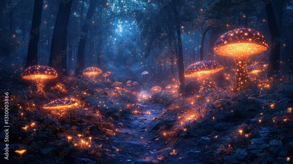 Glowing mushrooms illuminate magical forest path Glowing mushrooms illuminate magical forest path