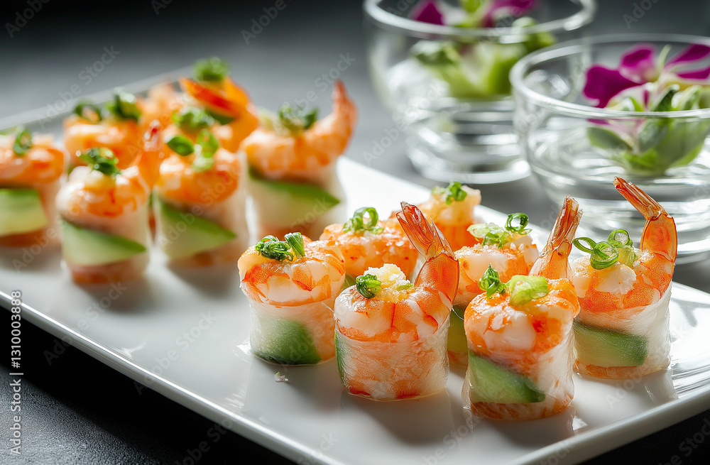 Gourmet Avocado, Tomato & Shrimp Rolls on a White Plate – Elegant Restaurant Dining Gourmet Avocado, Tomato & Shrimp Rolls on a White Plate – Elegant Restaurant Dining