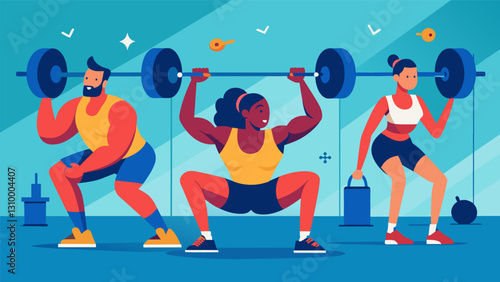 Straining muscles and intense concentration as the virtual Crossfit competition heats up between determined teams.. Vector illustration