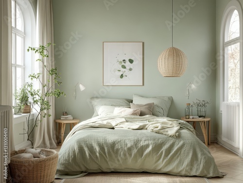 A cozy and light green bedroom with natural light and plants