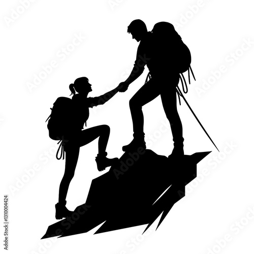 Hikers Helping Each Other in Travel Adventure Silhouette