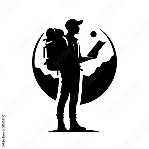 Backpacker Navigating Travel Route Silhouette