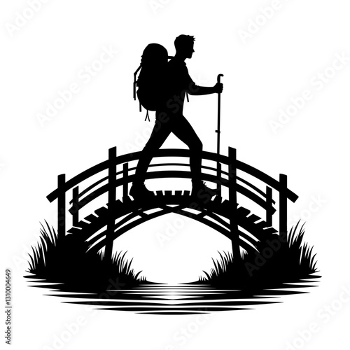 Hiker Crossing a Bridge While Traveling Silhouette