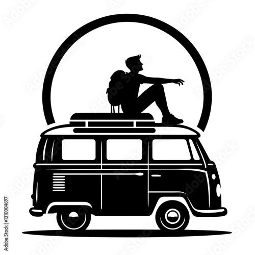 Solo Traveler Sitting on Van During Road Trip Silhouette