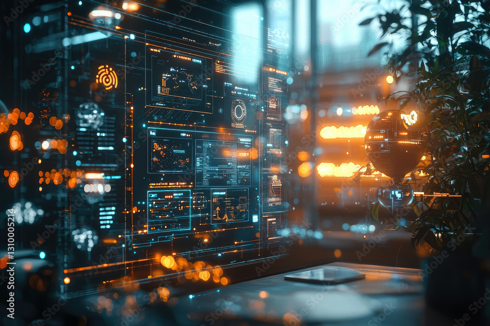 A futuristic digital interface displays complex data streams and visualizations on a large screen, showcasing advanced technology. A futuristic digital interface displays complex data streams and visualizations on a large screen, showcasing advanced technology.