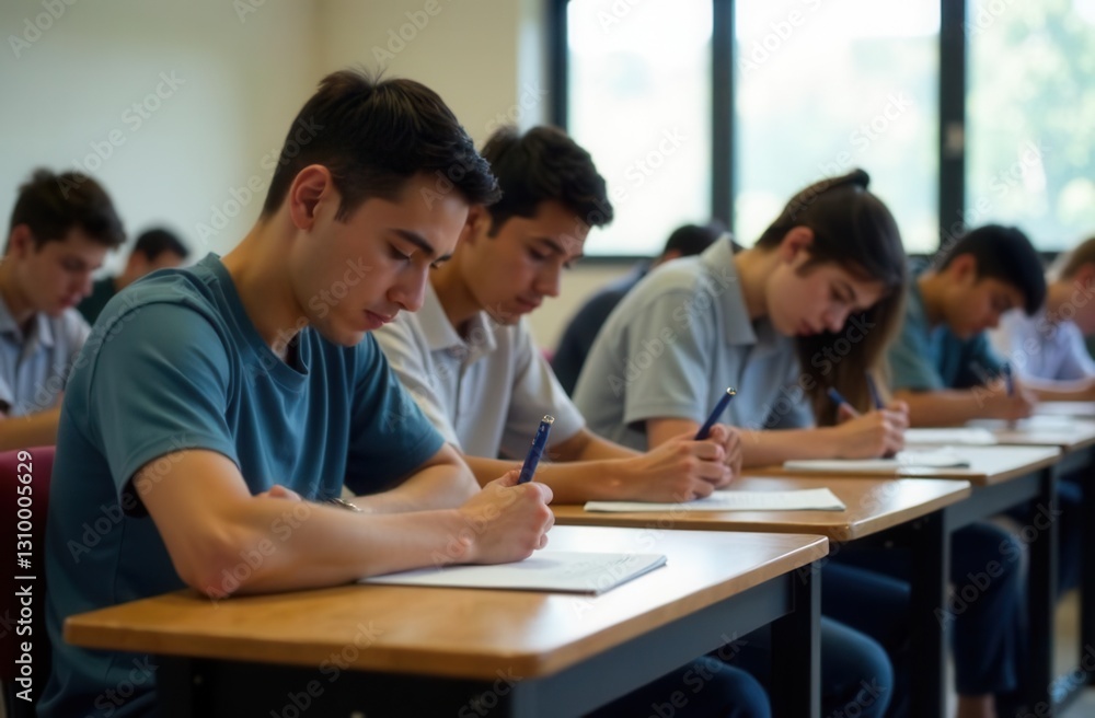 Students focused on exams in a classroom setting with natural light Students focused on exams in a classroom setting with natural light