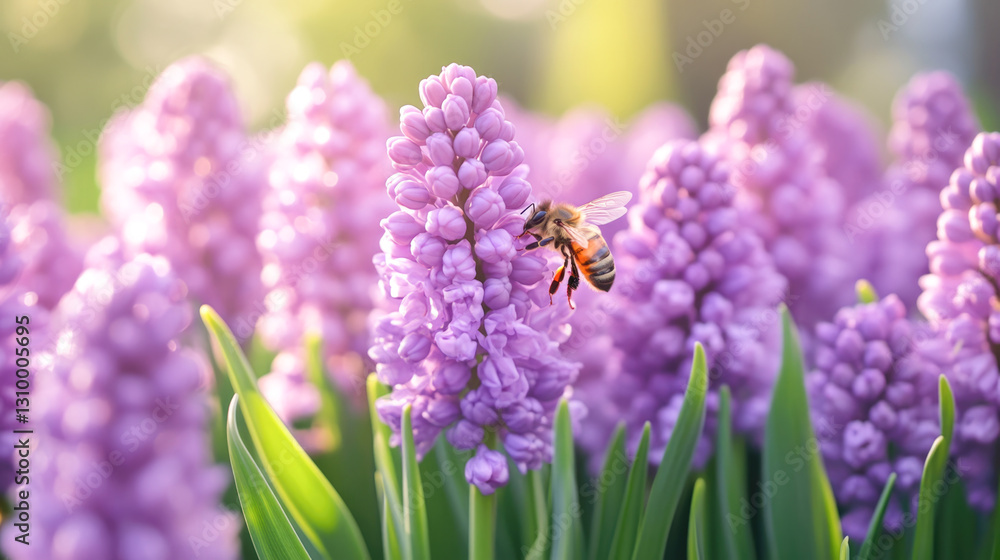 Fototapeta premium Bee pollinating purple hyacinth flowers in sunlit garden