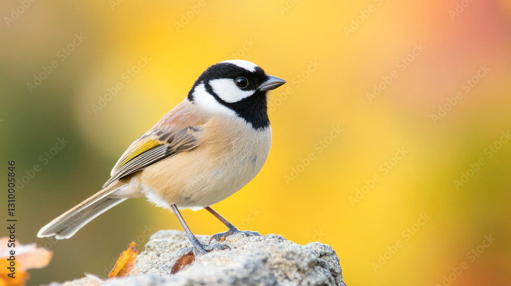 Obraz premium Beautiful black-throated sparrow on rock against vibrant yellow background
