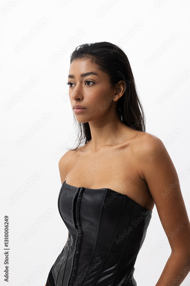 Gorgeous young woman wears black top posing over white background. Isolated. Gorgeous young woman wears black top posing over white background. Isolated.