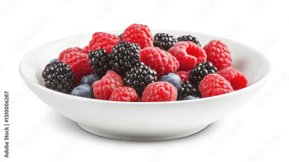 Fresh mixed berries in white ceramic bowl displaying vibrant raspberries, blackberries, and blueberries Fresh mixed berries in white ceramic bowl displaying vibrant raspberries, blackberries, and blueberries