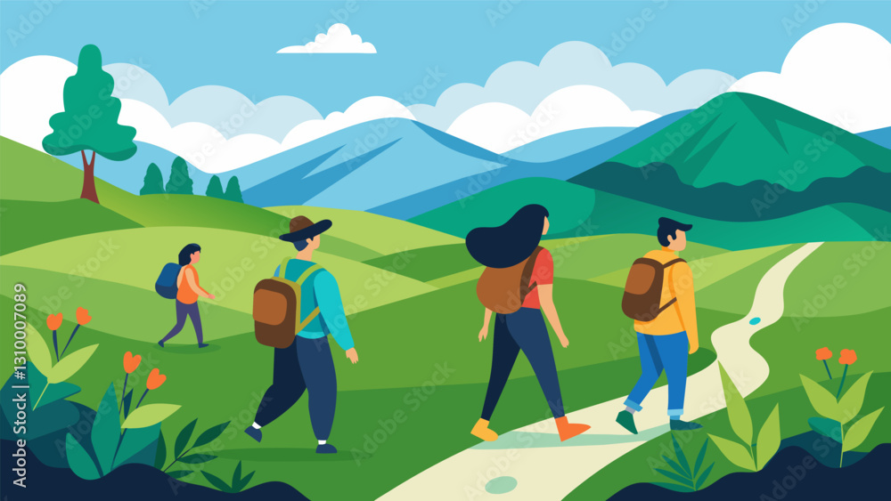 Fototapeta premium With a shared passion for preserving the environment lowimpact hikers take in a calm walk through picturesque rolling hills and sprawling meadows.. Vector illustration