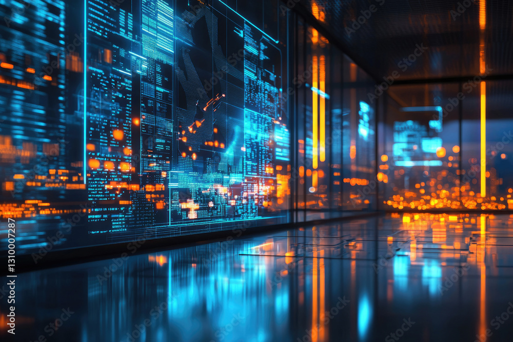 Futuristic cityscape reflected in a modern building with large digital displays showing streams of data and code. Futuristic cityscape reflected in a modern building with large digital displays showing streams of data and code.