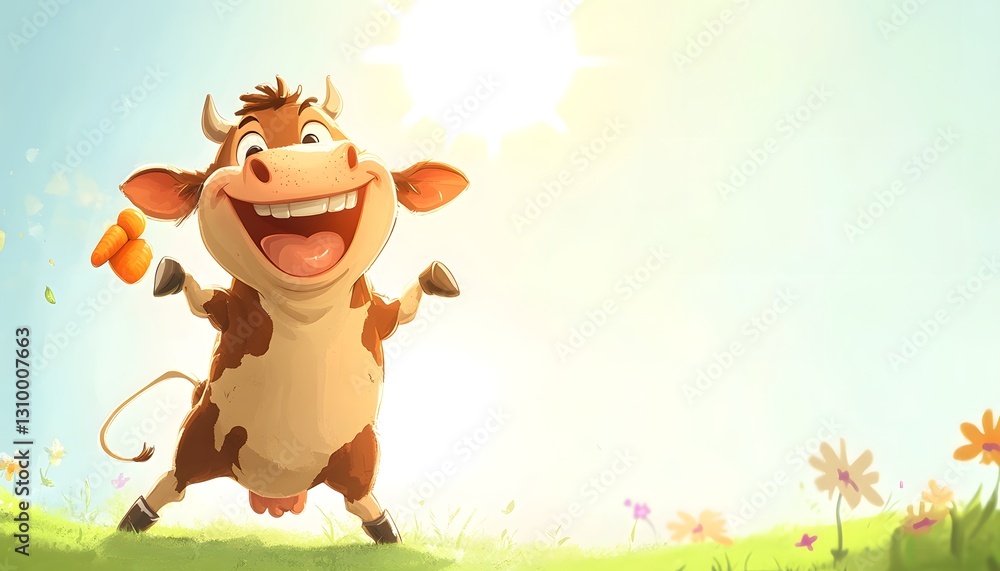 Happy Cow in Sunny Meadow with Carrots Happy Cow in Sunny Meadow with Carrots
