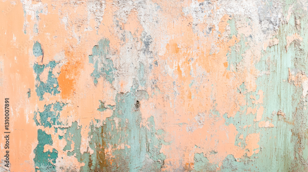 Weathered rustic wall with peeling paint in orange and green textures Weathered rustic wall with peeling paint in orange and green textures