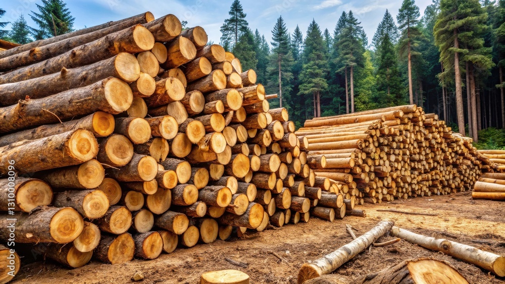A towering pile of freshly cut logs, stacked high in the forest, showcasing the raw beauty of nature's bounty A towering pile of freshly cut logs, stacked high in the forest, showcasing the raw beauty of nature's bounty