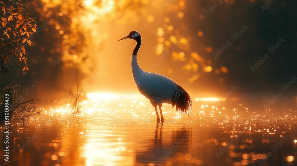Fototapeta premium Majestic crane silhouetted, golden sunrise water
