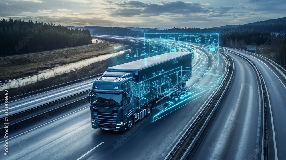 Fototapeta premium AI-powered truck and transport tracking streamlines highway deliveries. Autonomous vehicles and driverless technology enhance safety via intelligent traffic systems. 
