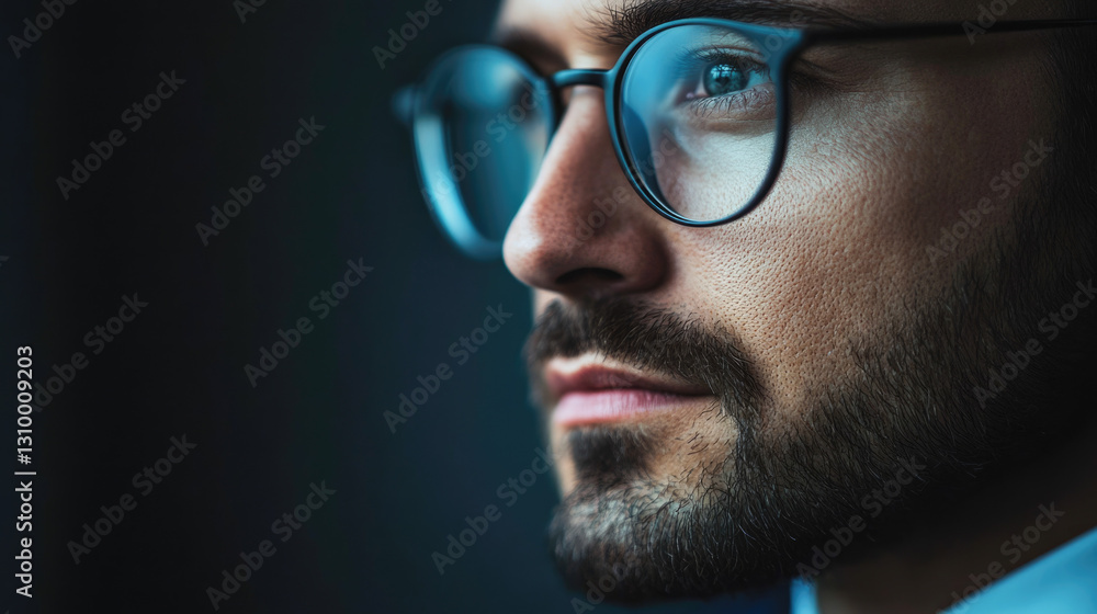 Thoughtful young caucasian male with glasses looking into distance Thoughtful young caucasian male with glasses looking into distance
