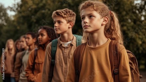 A line of children stands in coordinated clothing, each child exuding individuality while sharing a moment of unity, showcasing their vibrant personalities in a cohesive group.