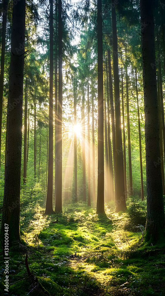 Fototapeta premium Beautiful forest with tall trees and sunlight shining through the foliage, creating an enchanting natural landscape 