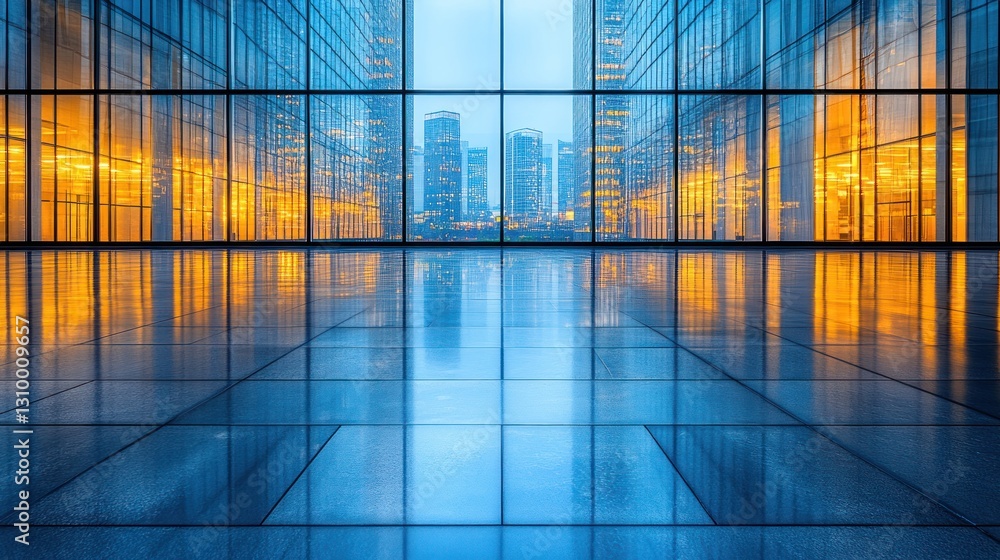 Cityscape view from modern office lobby Cityscape view from modern office lobby