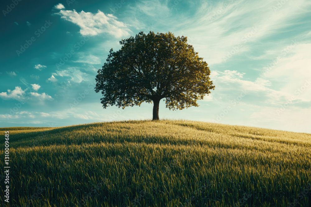 A solitary tree stands majestically on a rolling green hill under a vibrant sky. A solitary tree stands majestically on a rolling green hill under a vibrant sky.