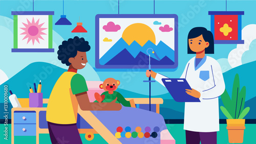 In a hospital room a young patient receives art therapy as a way to cope with the side effects of their endoflife treatment creating colorful. Vector illustration