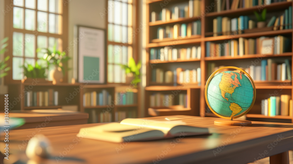 Fototapeta premium Sunlit library with globe and open book on wooden table