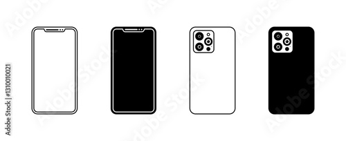 Flat linear icons set of smartphones with front and back views.