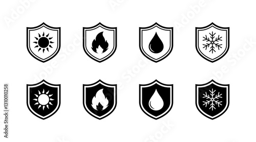 Flat icons set of weather and element shields - vector style, black and white design.