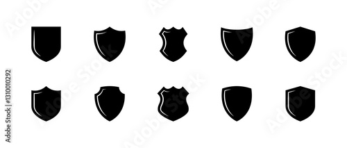 Flat vector icons set of shield shapes - minimalist black silhouettes.