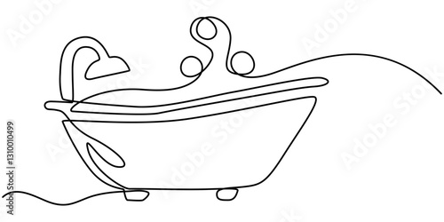 Continuous one line drawing of bathtub design. Simple bath in single line draw illustration. Continuous Line Drawing of Baby Bath Icon. Hand Drawn Symbol Vector Illustration.table stroke. 