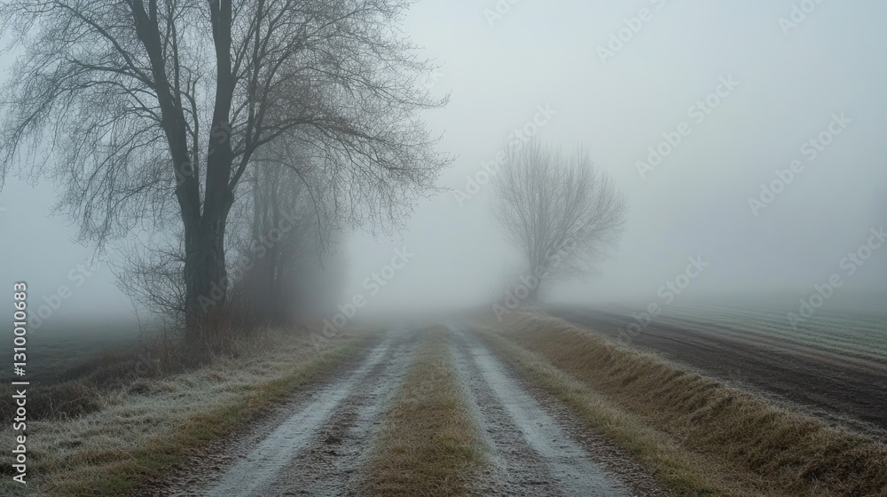 Obraz premium Foggy rural landscape with bare trees and dirt road on misty morning