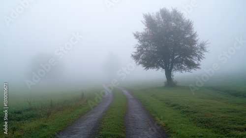 Misty landscape with tree lined path in foggy countryside