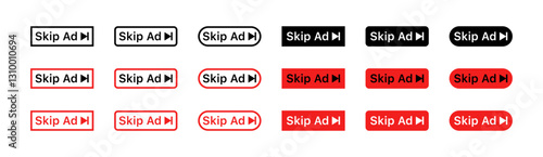 Flat linear icons set of skip ad buttons in multiple styles.