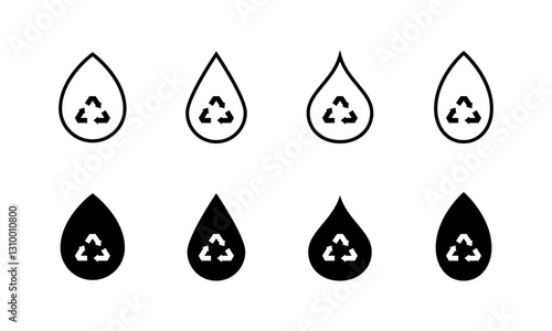 Flat linear icons set of water drop with recycling symbol.
