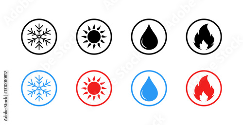 Flat linear climate and nature icons set – weather, water, sun, fire symbols in vector style.