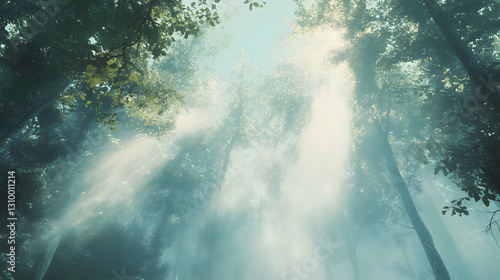 Beautiful forest with tall trees and sunlight shining through the foliage, creating an enchanting natural landscape