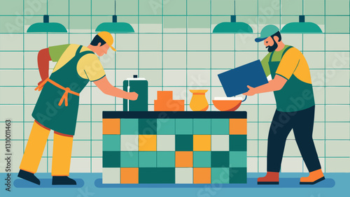 Workers carefully placing tiles and grouting them together to create a stunning mosaic backsplash in a kitchen.. Vector illustration