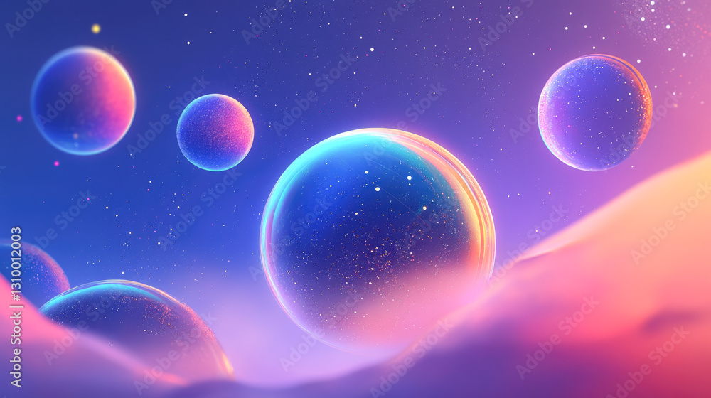 Naklejka premium Vibrant celestial spheres in a dreamlike cosmic landscape