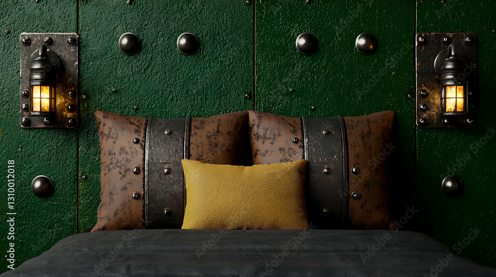 Cozy industrial bedroom with green metal wall, decorative pillows, and vintage lighting fixtures for stylish interior decor Cozy industrial bedroom with green metal wall, decorative pillows, and vintage lighting fixtures for stylish interior decor